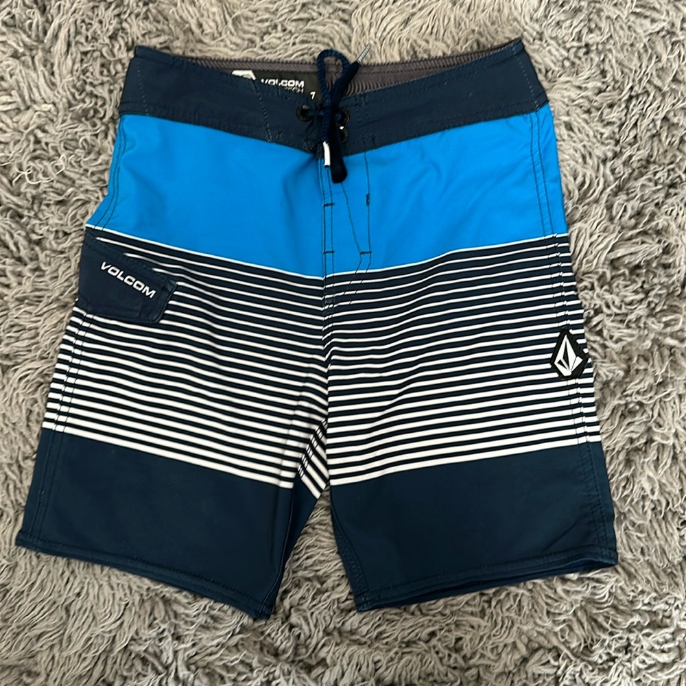 Volcom Boys Blue and Navy Striped Swim Trunks